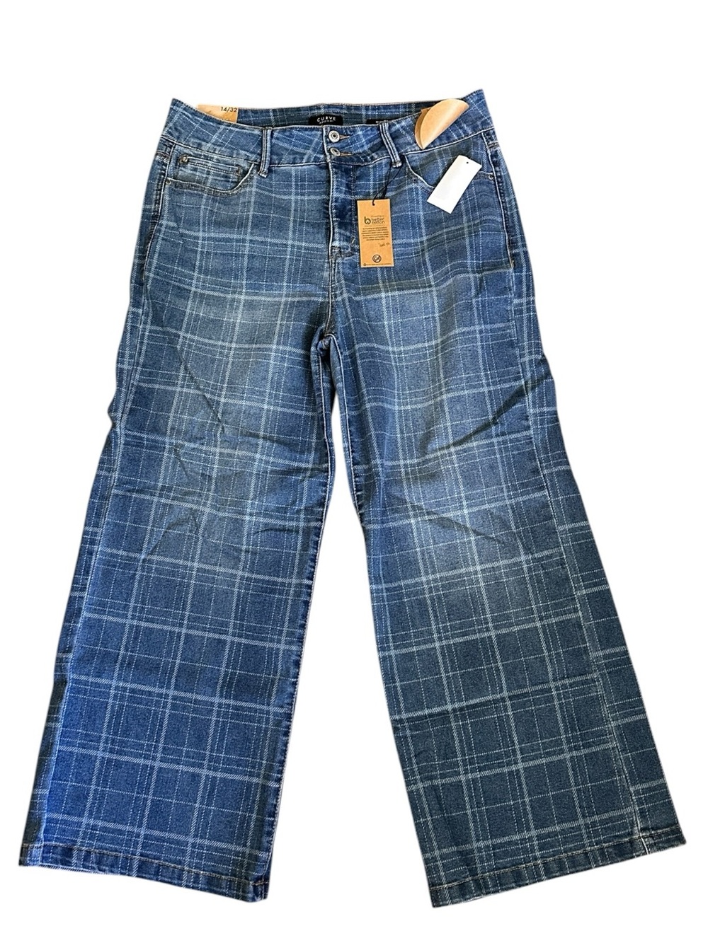 Curve Appeal High Rise Wide Leg Plaid Denim Jeans 14/32